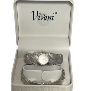 Vivani Women's Two-Tone Bangle Cuff Quartz Wristwatch & Matching Bracelet Set